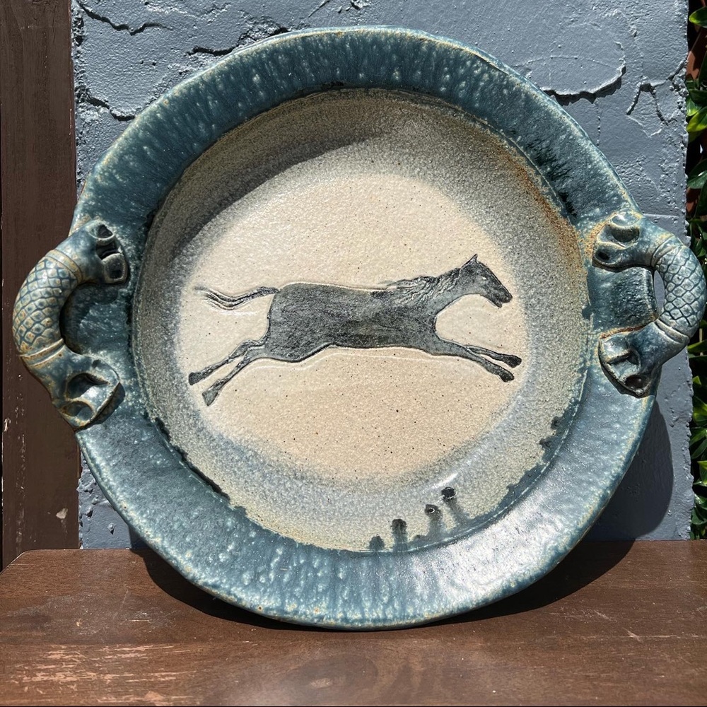 Blue Ructic Horse Plate - Handmade Stone-pottery Decorative 15” OD